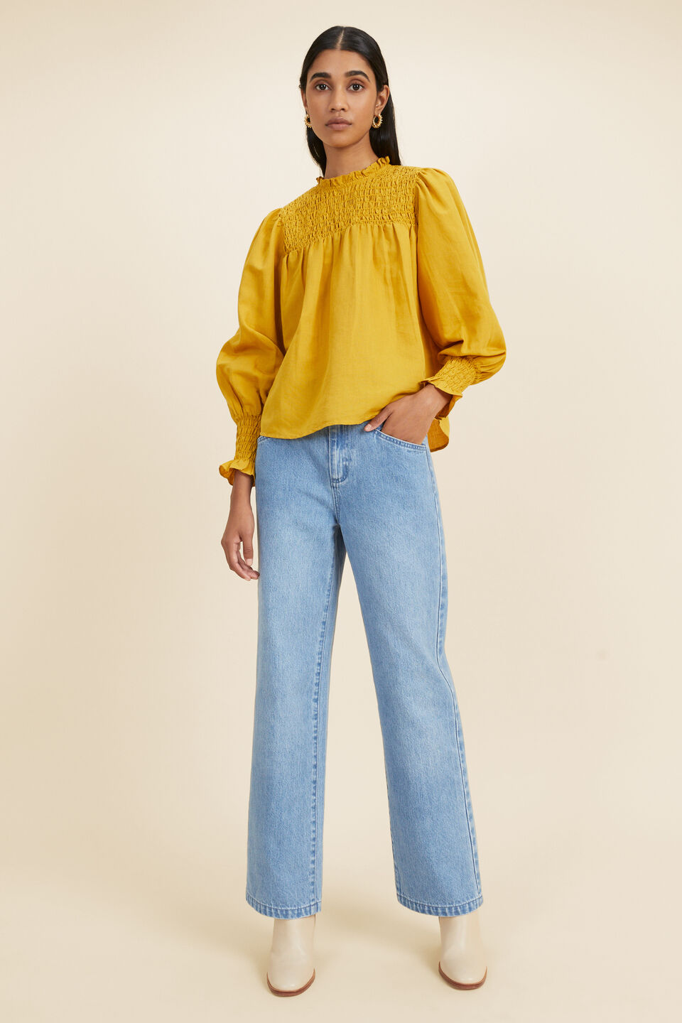 Linen Blend Smock Blouse   Turmeric
