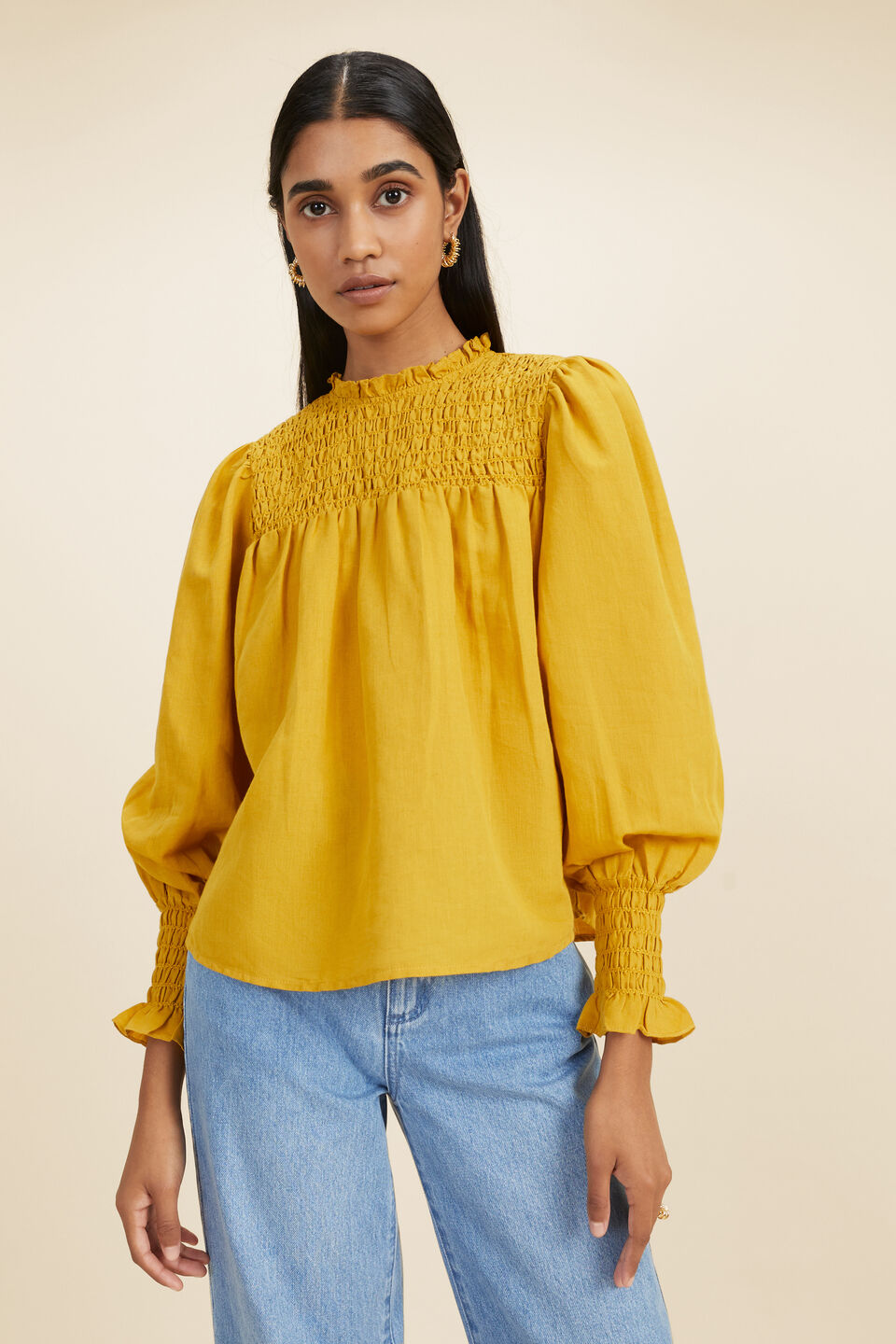 Linen Blend Smock Blouse   Turmeric