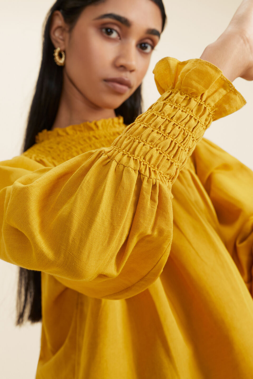 Linen Blend Smock Blouse   Turmeric