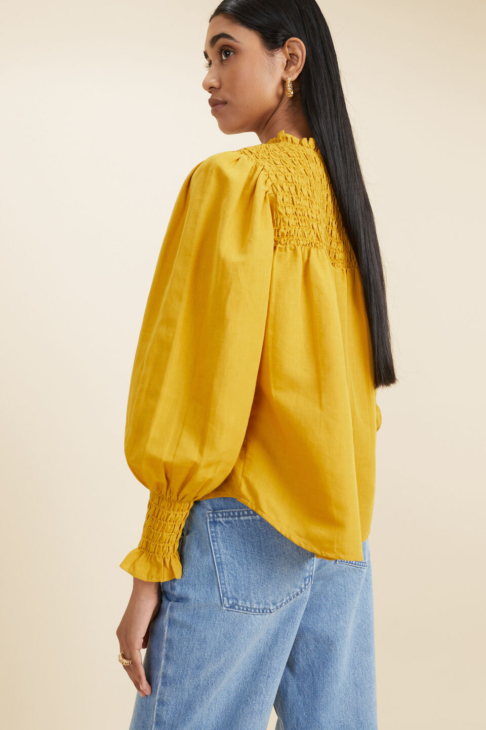Linen Blend Smock Blouse   Turmeric