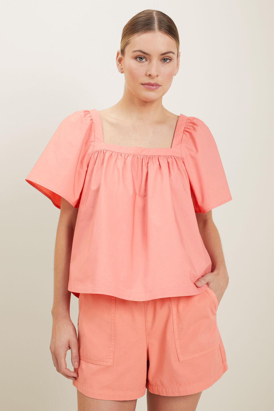 Poplin Square Neck Blouse  Coral Rose