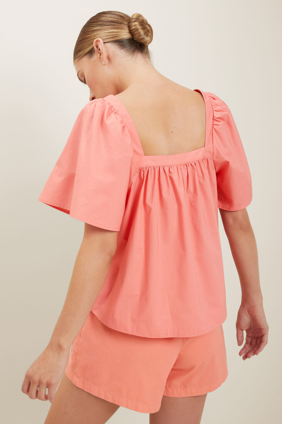 Poplin Square Neck Blouse  Coral Rose