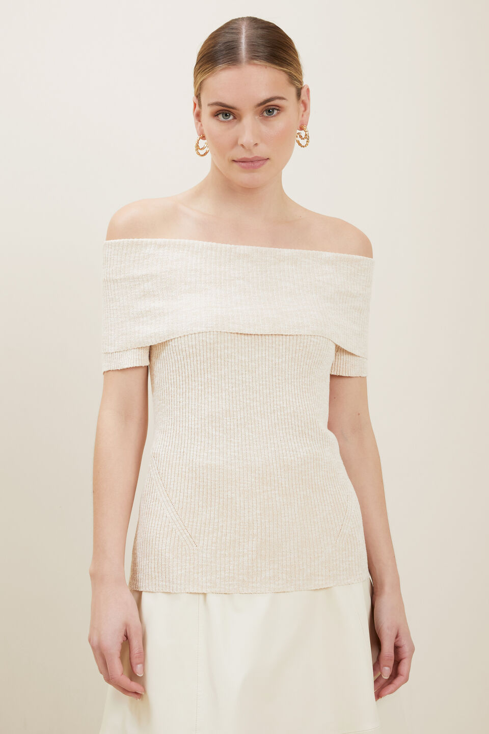 Boucle Off Shoulder Knit Top  Cloud Cream Marle