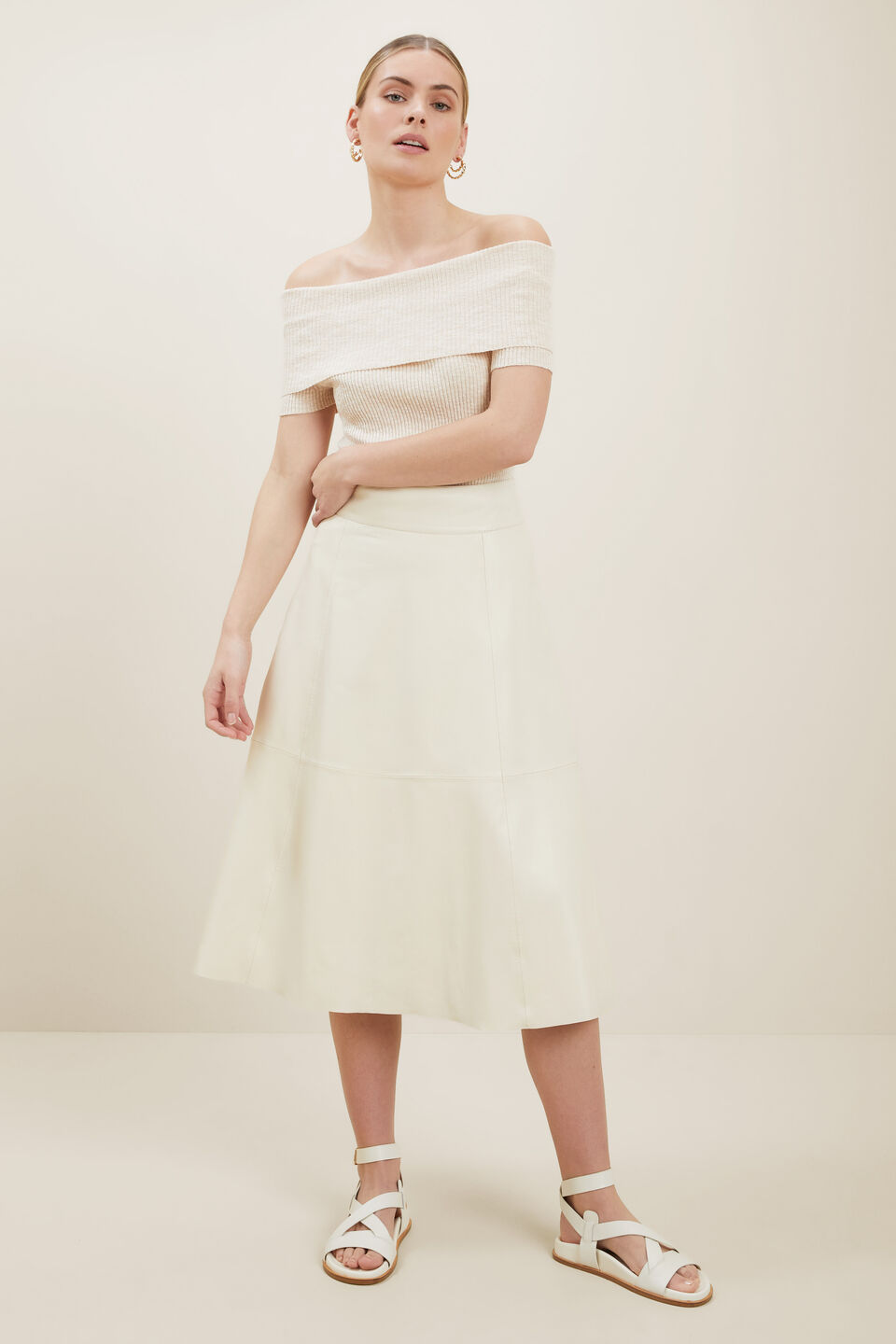 Boucle Off Shoulder Knit Top  Cloud Cream Marle