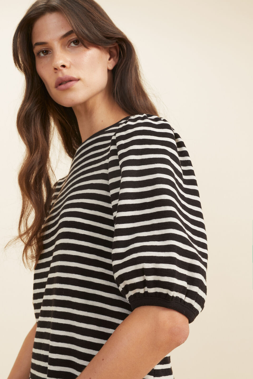 Stripe Puff Sleeve Mini Dress  Black Oat Stripe