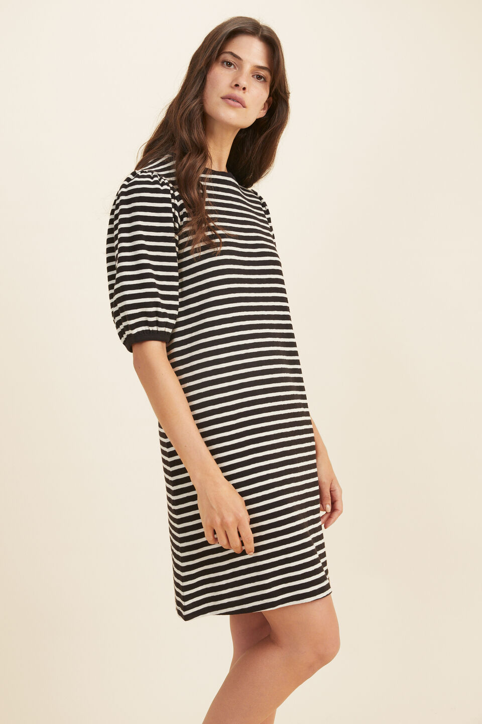 Stripe Puff Sleeve Mini Dress  Black Oat Stripe