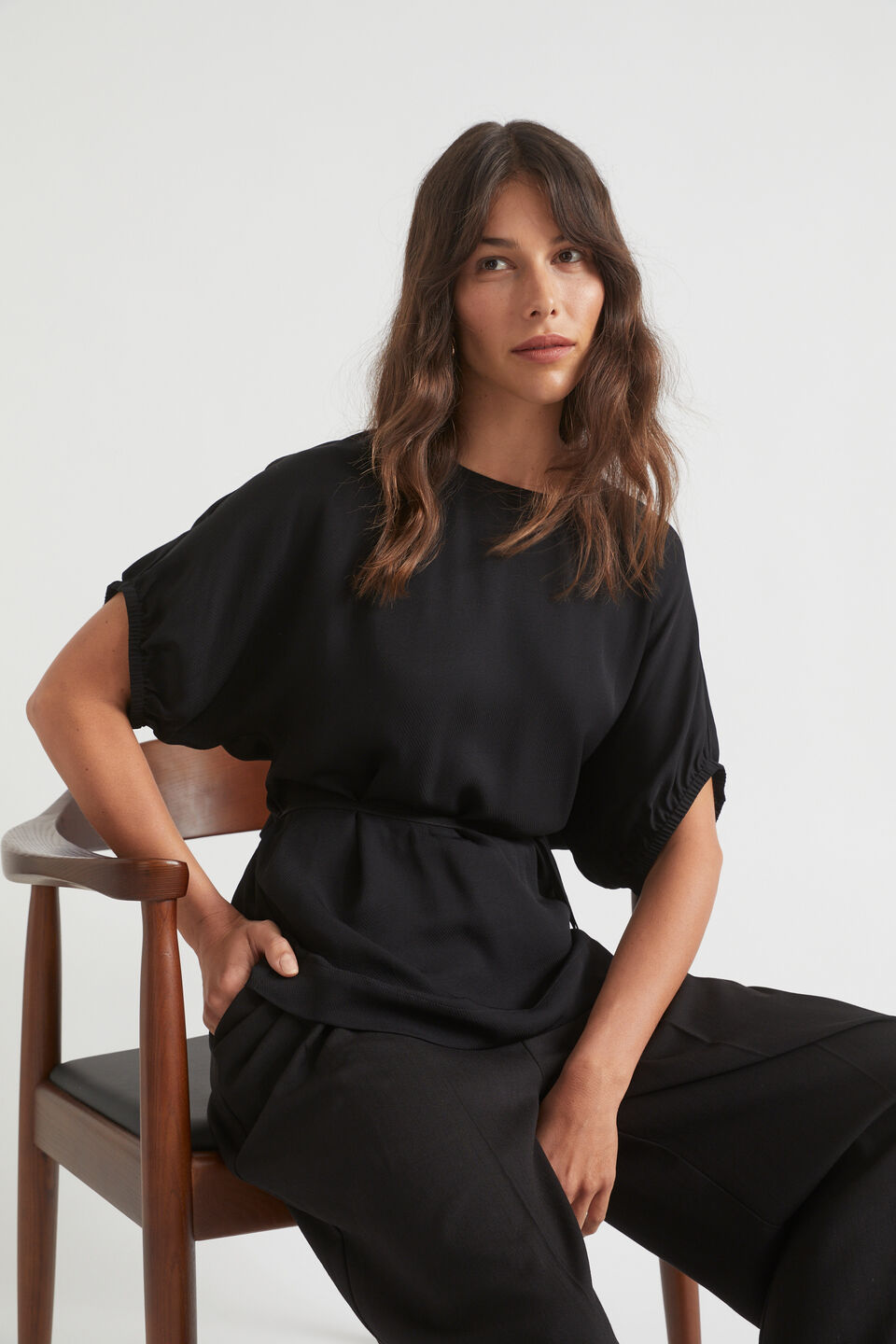 Textured Tie Waist Top  Black