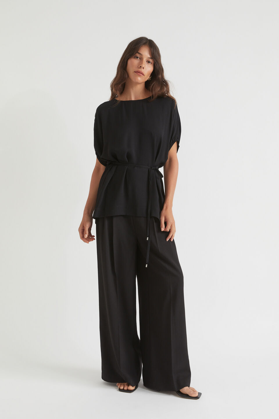 Textured Tie Waist Top  Black