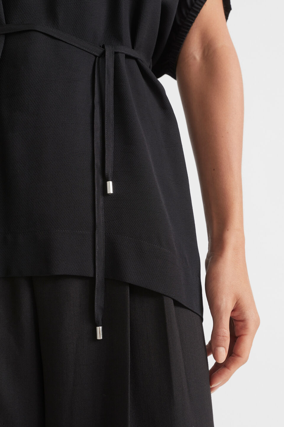 Textured Tie Waist Top  Black