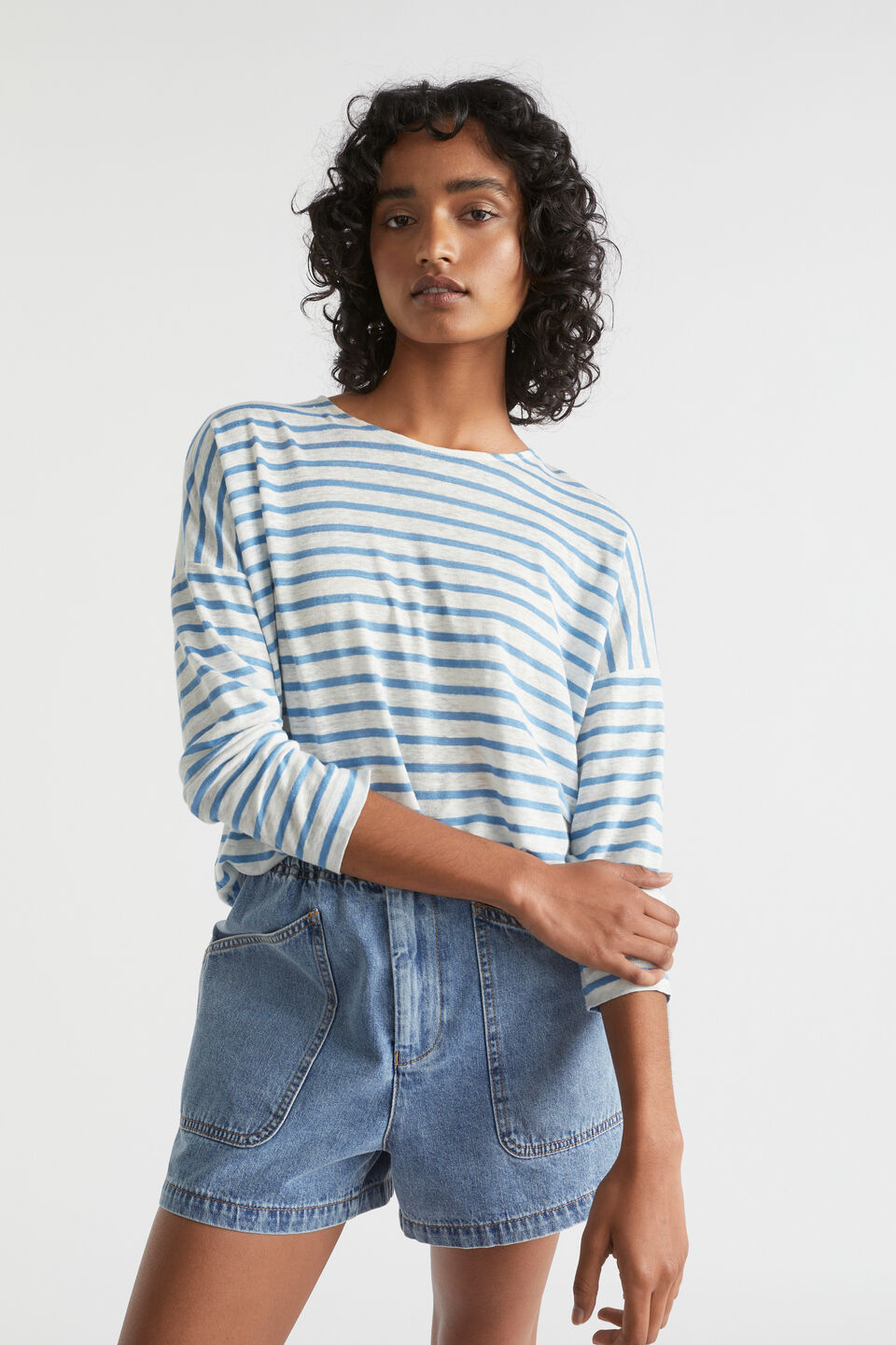 Linen Relaxed Top  Soft Cobalt Stripe
