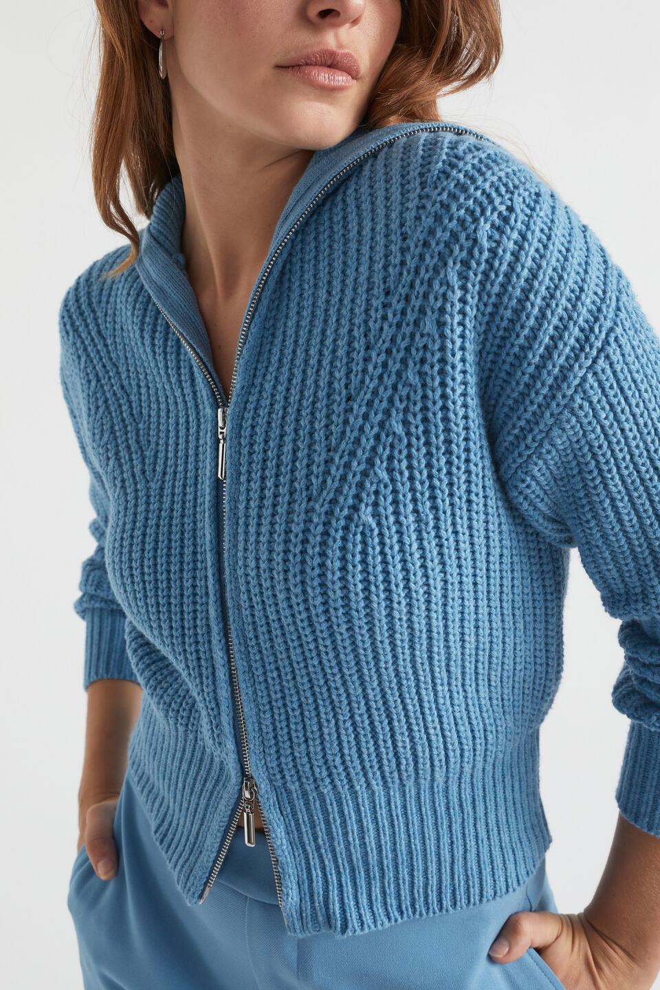 Zip Through Funnel Neck Cardigan  Soft Cobalt Marle