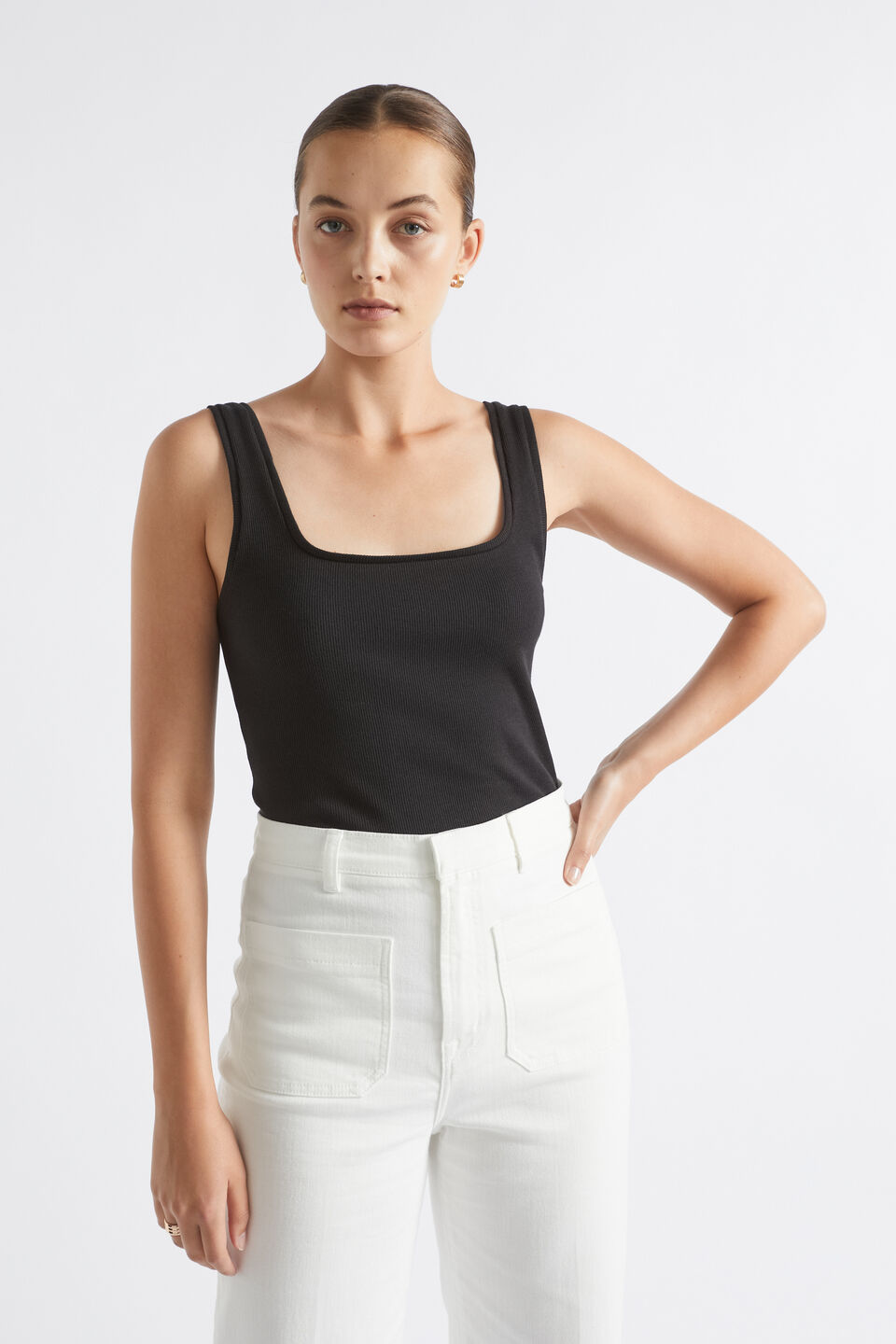 Square Neck Rib Tank  Black