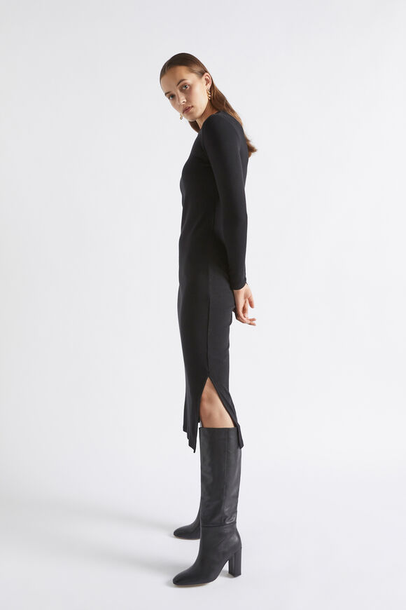 Long Sleeve Fitted Dress  Black  hi-res