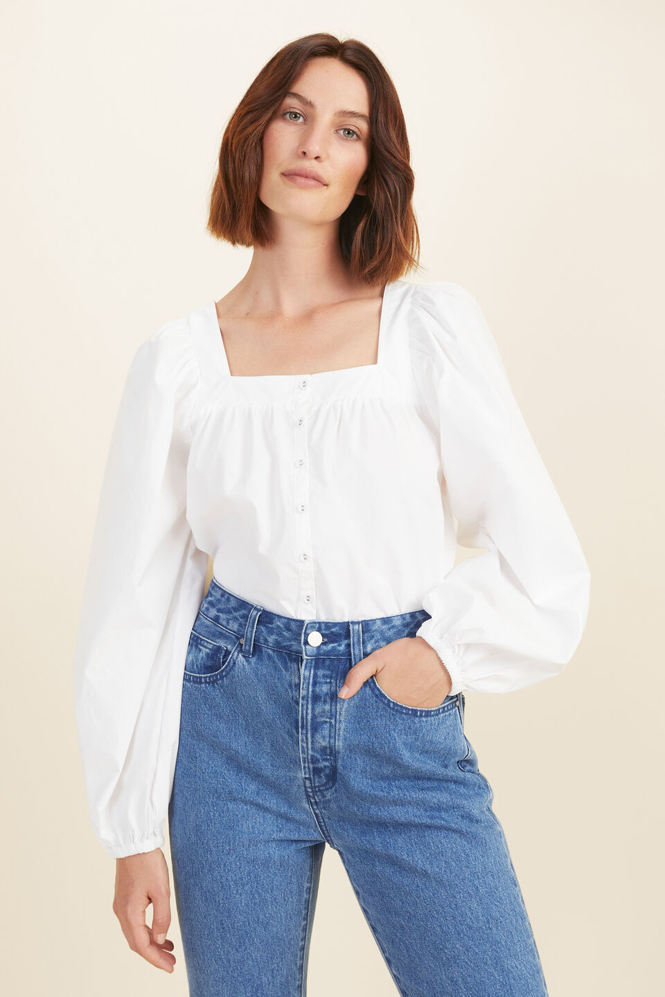 Poplin Button Through Blouse  Whisper White