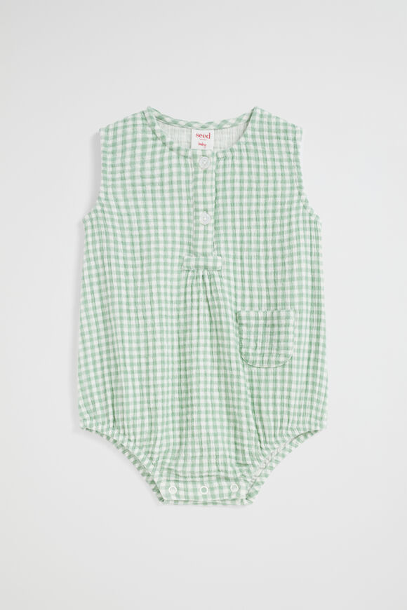 Gingham Placket Romper  Gum Leaf  hi-res