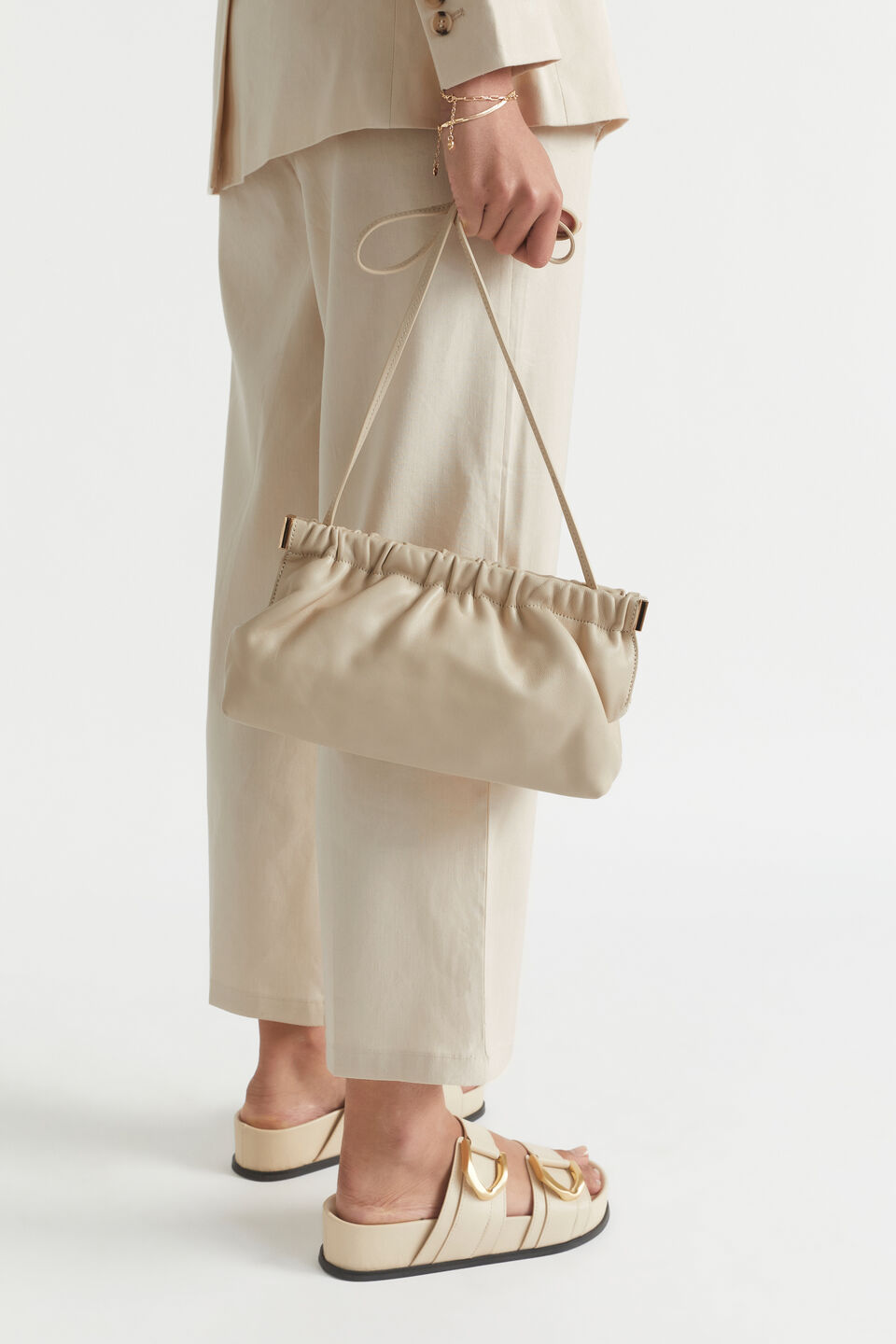 Gathered Leather Clutch  Stone
