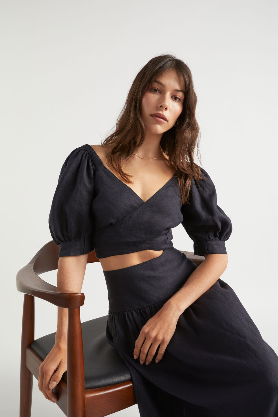 Linen Cross Front Top  Deep Navy