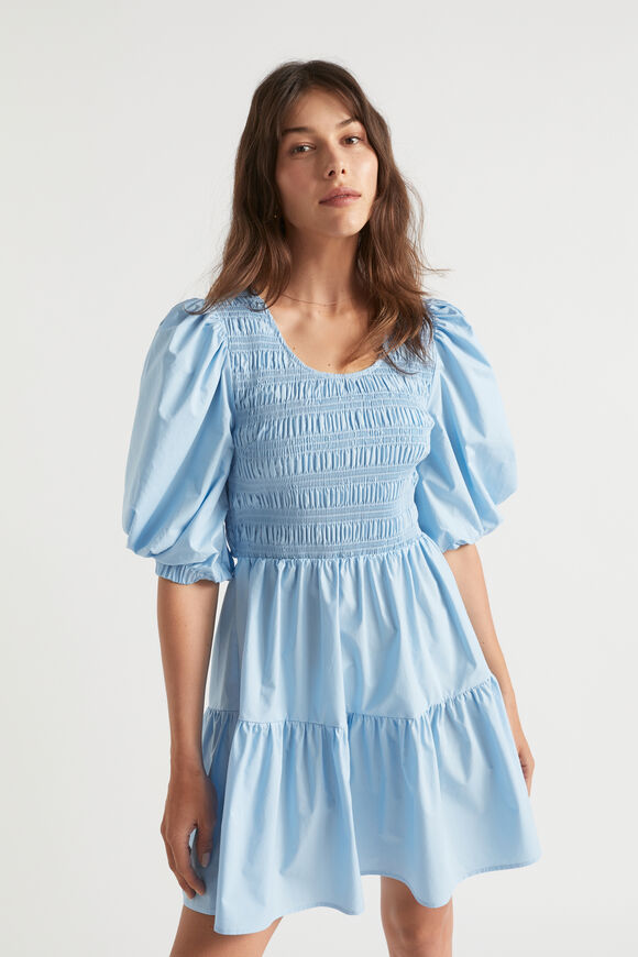 Poplin Shirred Mini Dress  Bluebell  hi-res
