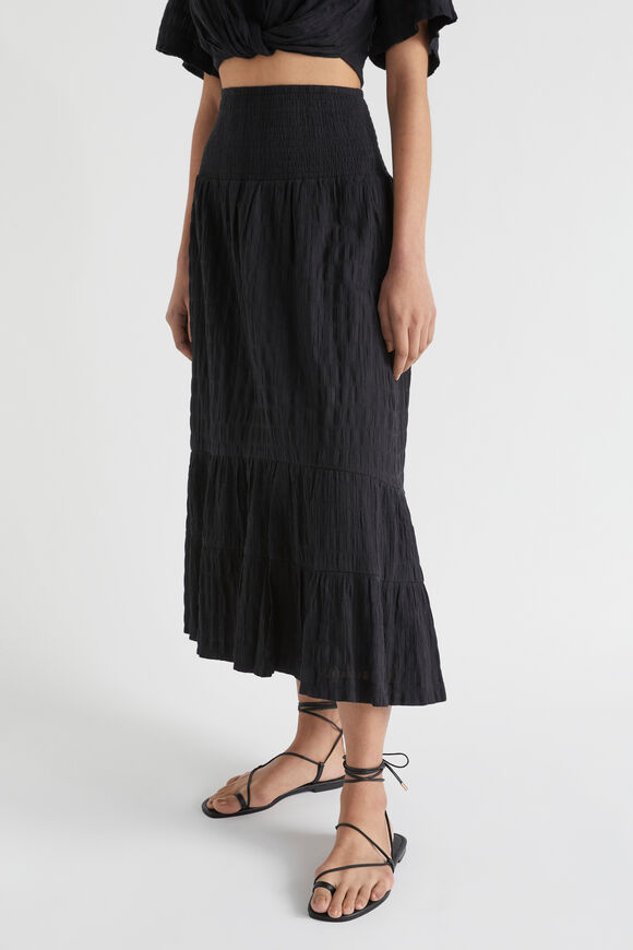 Textured Shirred Midi Skirt  Black  hi-res