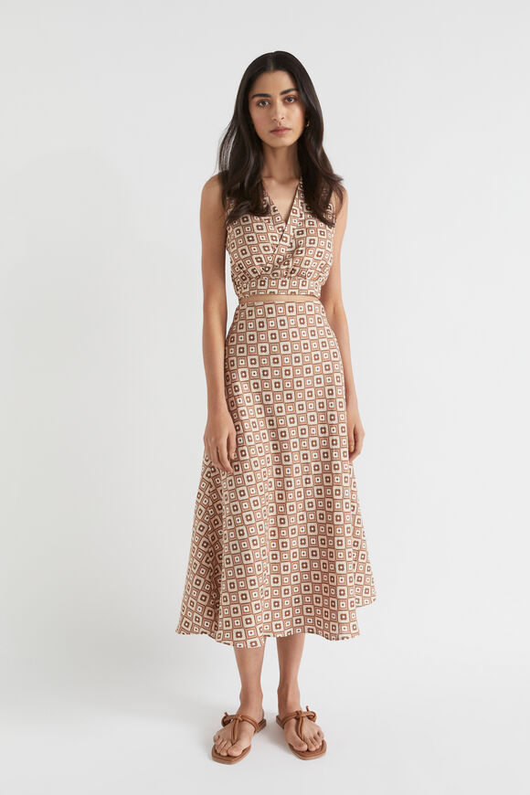 Floral Geo Midi Swing Skirt  Auburn Brown Retro  hi-res