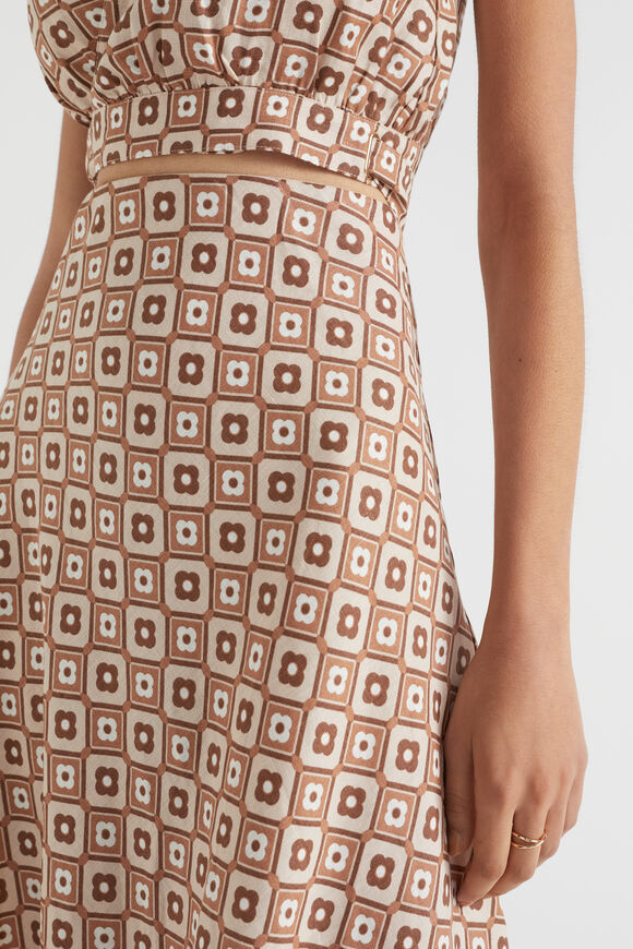 Floral Geo Midi Swing Skirt  Auburn Brown Retro  hi-res