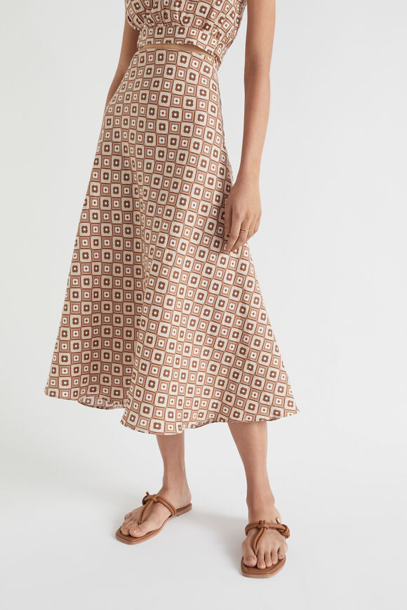 Floral Geo Midi Swing Skirt  Auburn Brown Retro  hi-res
