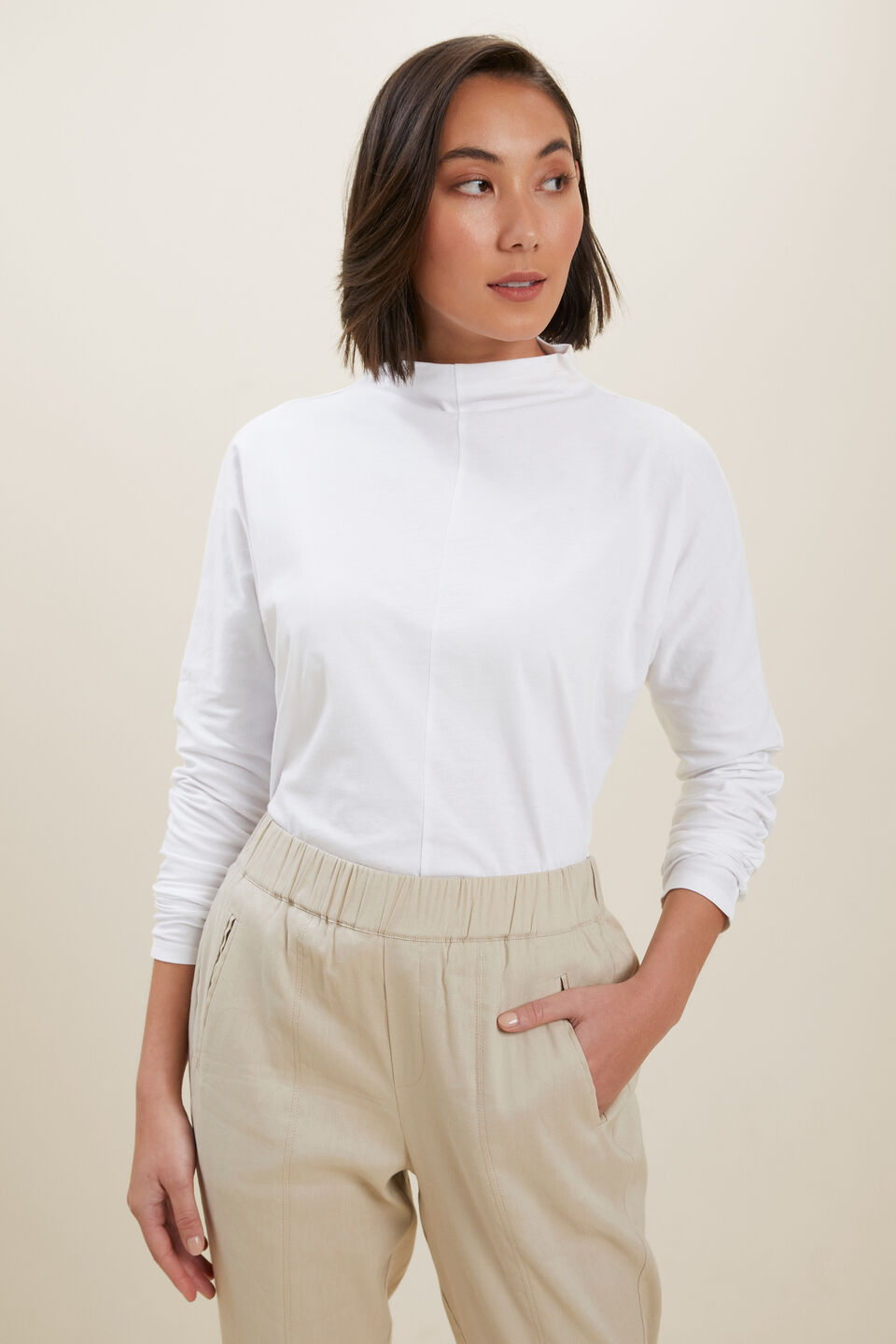 Mock Neck Long Sleeve Top  Whisper White