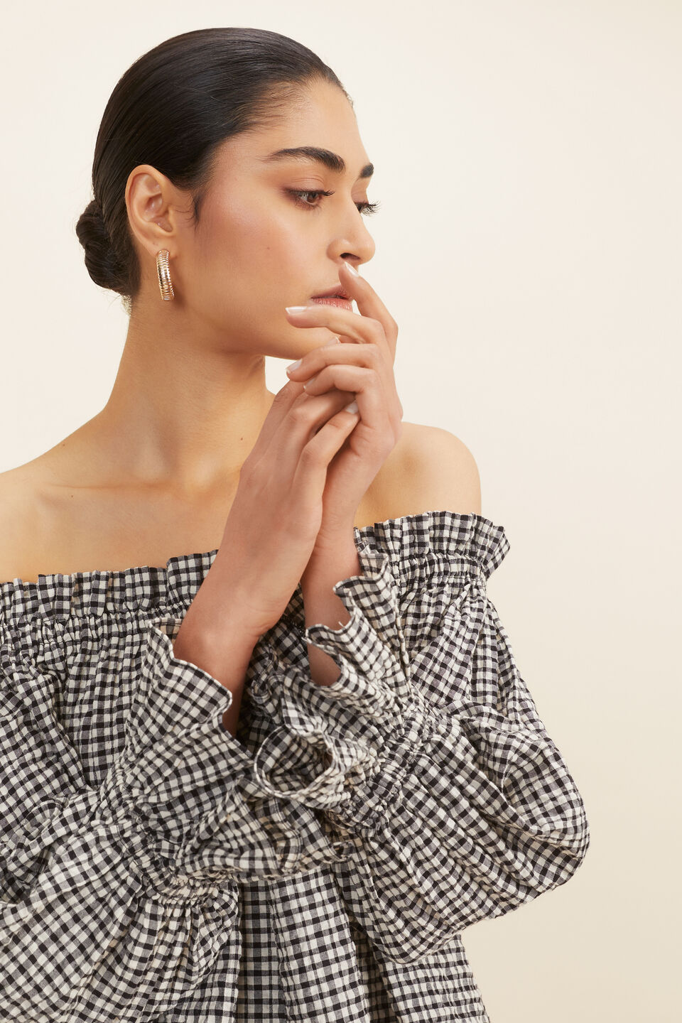 Gingham Off Shoulder Top  Neutral Gingham