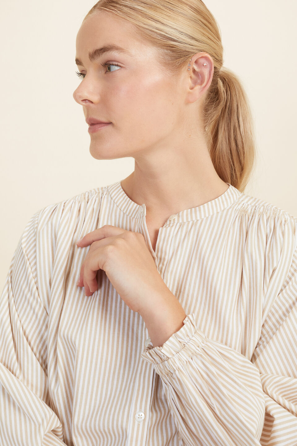 Stripe Button Down Blouse  Champagne Cream Stripe
