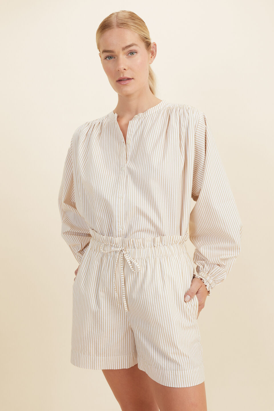 Stripe Button Down Blouse  Champagne Cream Stripe