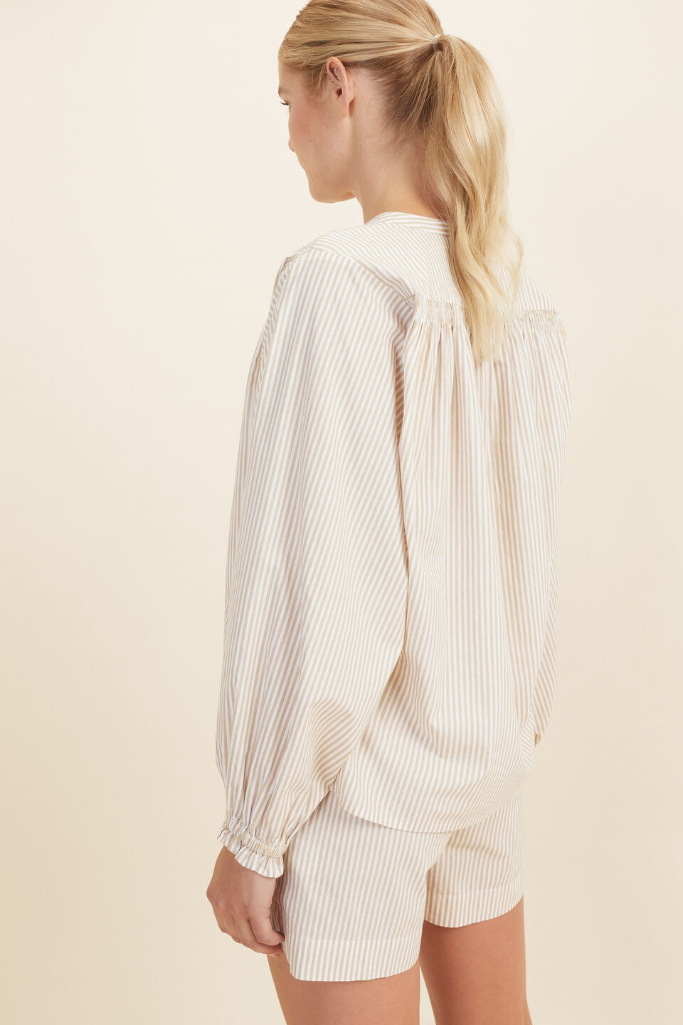 Stripe Button Down Blouse  Champagne Cream Stripe