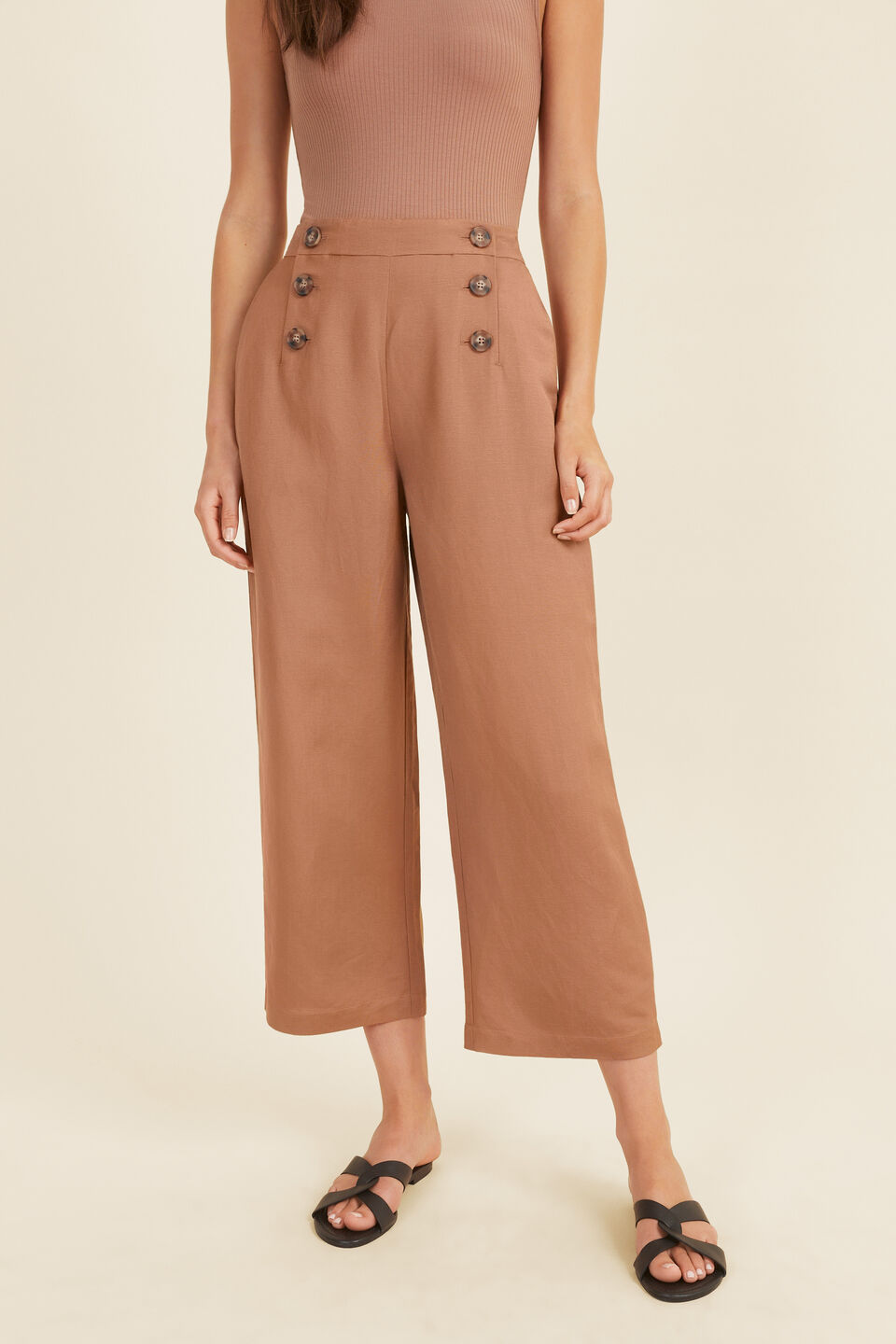 Button Front Crop Pant  Acorn Brown