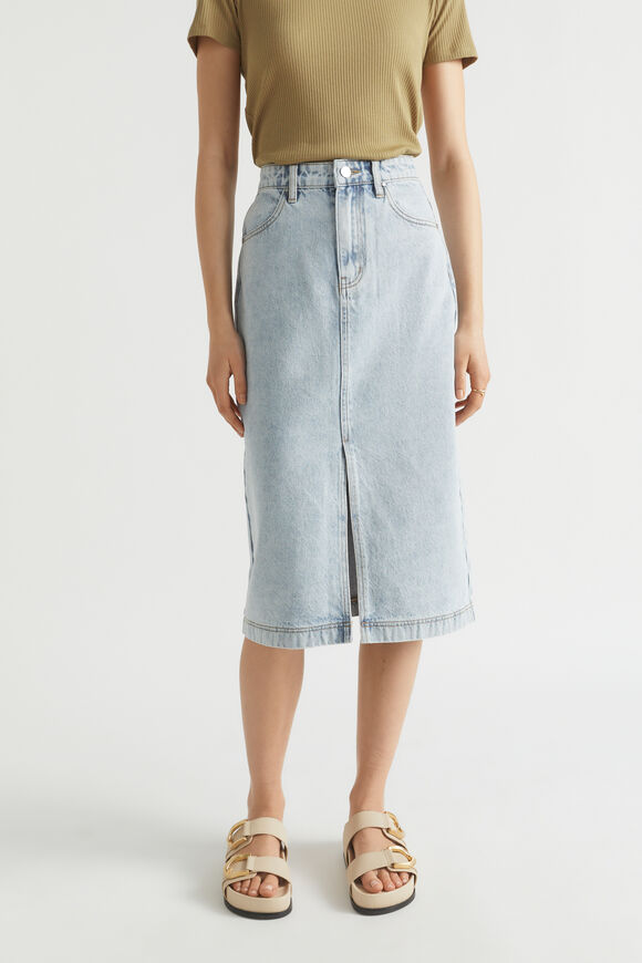 Denim Midi Split Front Skirt  Ice Blue Denim  hi-res
