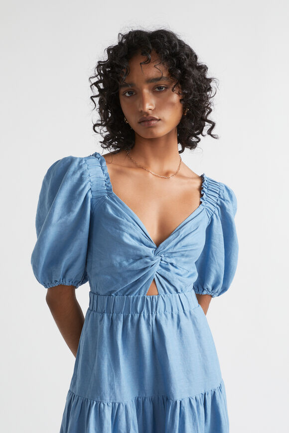 Linen Twist Front Tiered Midi Dress  Soft Cobalt  hi-res