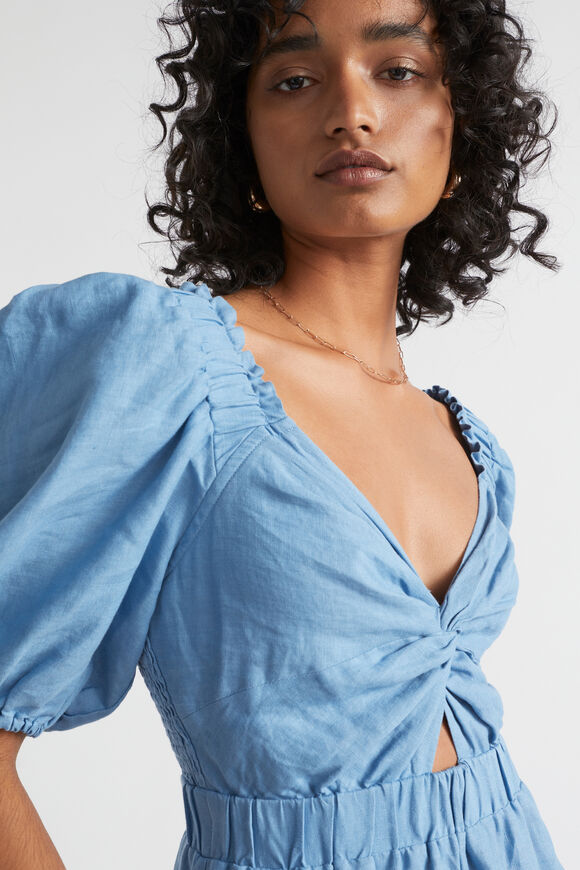 Linen Twist Front Tiered Midi Dress  Soft Cobalt  hi-res