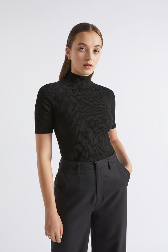 Mock Neck Textured Top  Black  hi-res