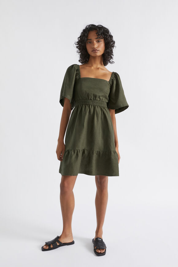 Linen Square Neck Mini Dress  Dark Fern  hi-res
