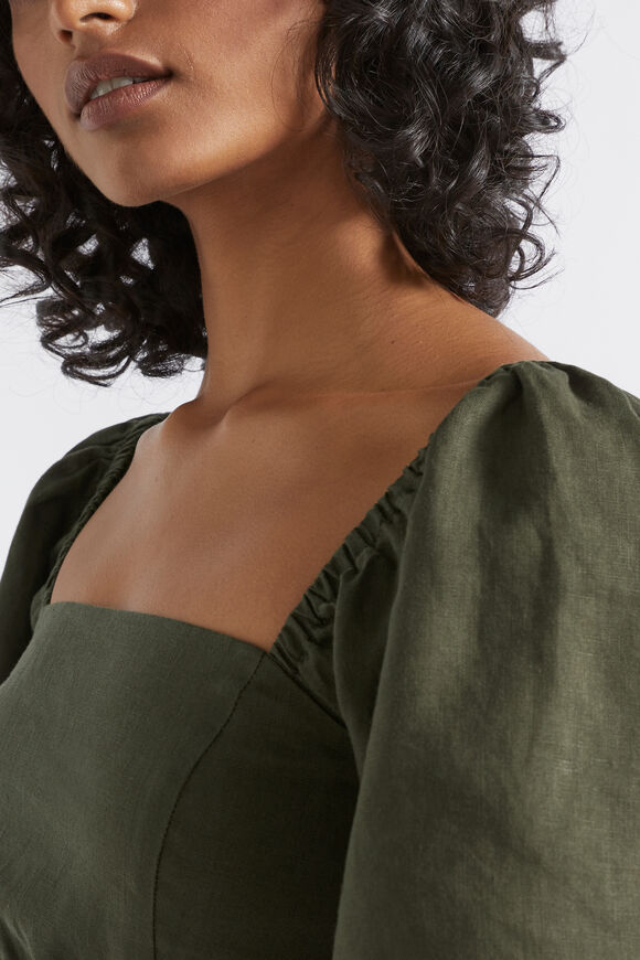 Linen Square Neck Mini Dress  Dark Fern  hi-res