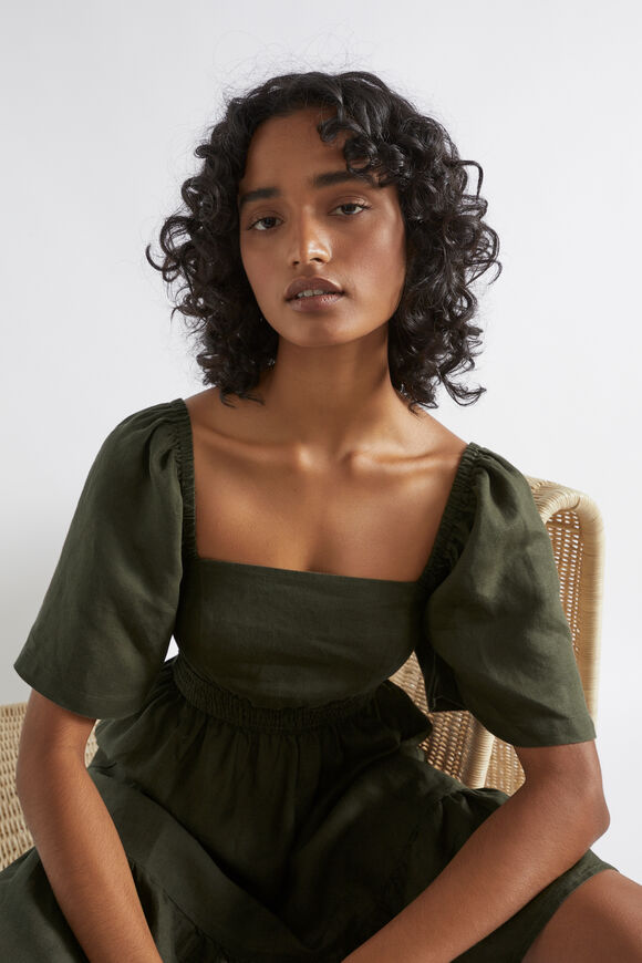 Linen Square Neck Mini Dress  Dark Fern  hi-res