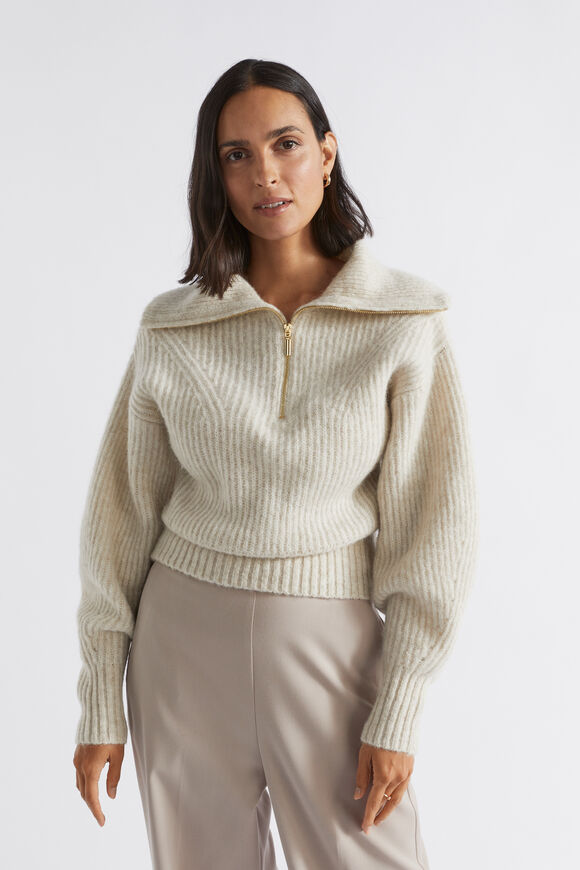 Funnel Neck Rib Knit  Oat Marle  hi-res