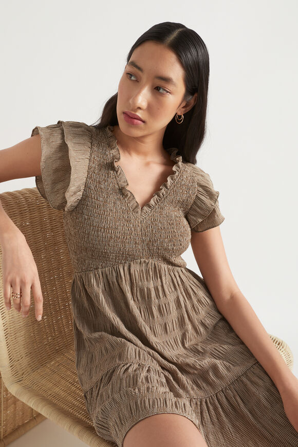 Textured Gingham Mini Dress  Pecan Brown Gingham  hi-res