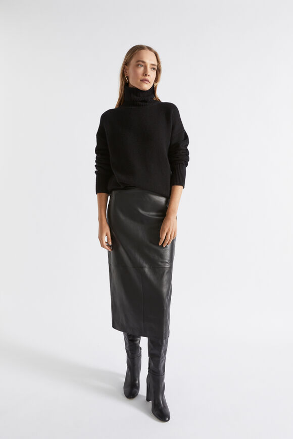 Leather Straight Midi Skirt  Black  hi-res