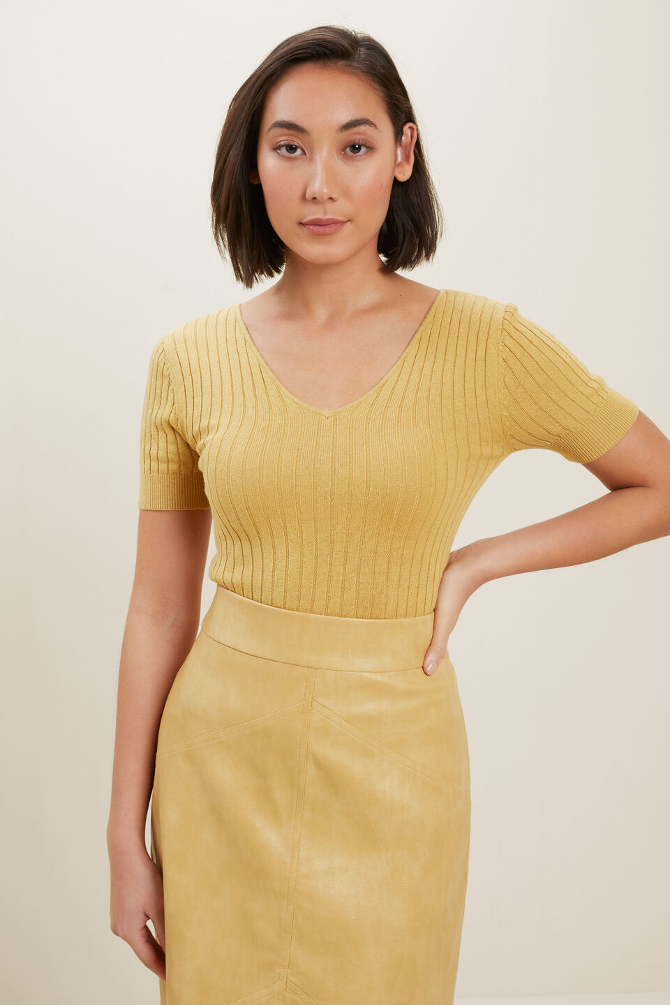 Rib V Neck Top  Fawn