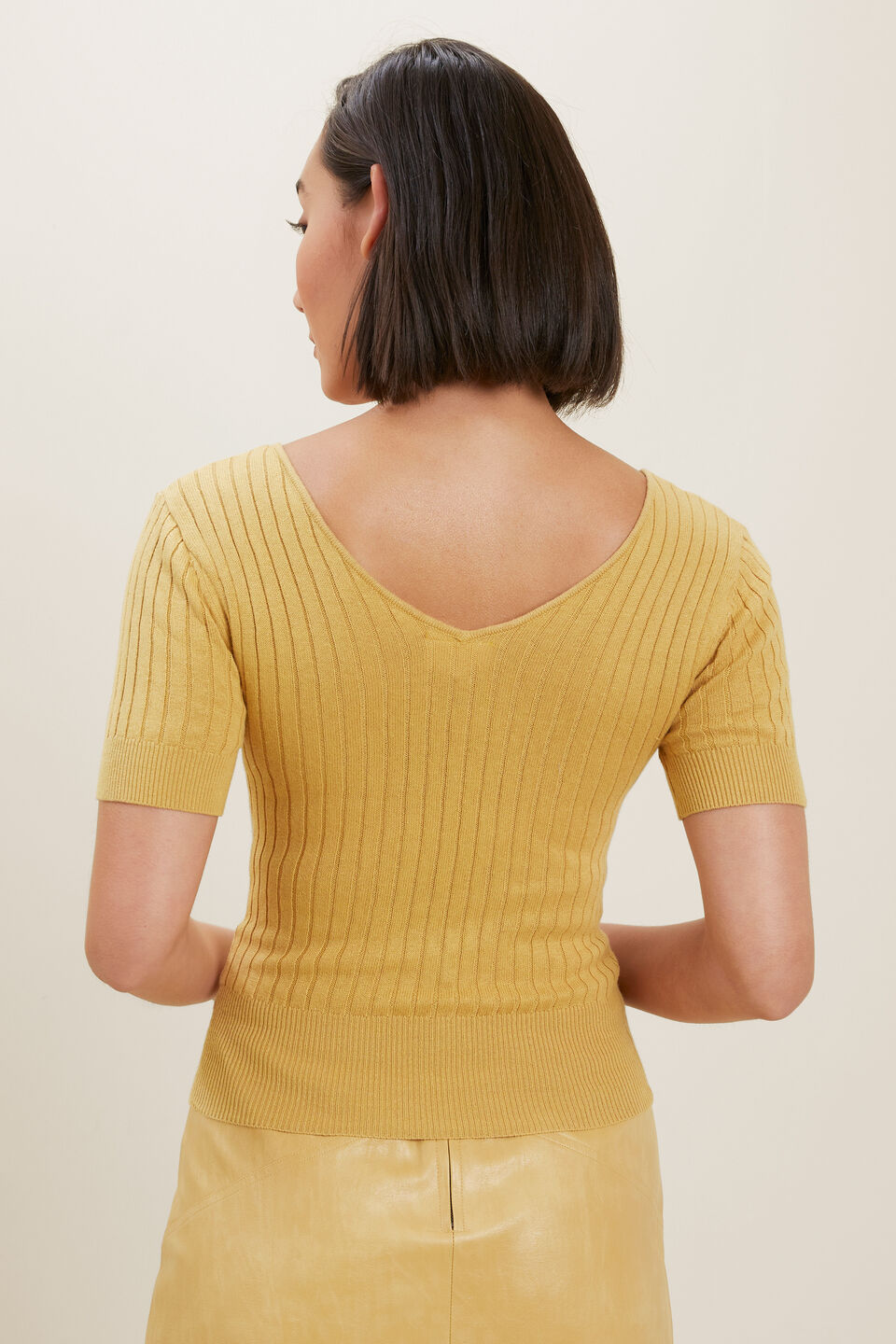 Rib V Neck Top  Fawn