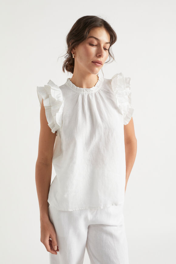 Linen Ruffle Sleeve Top  Whisper White  hi-res
