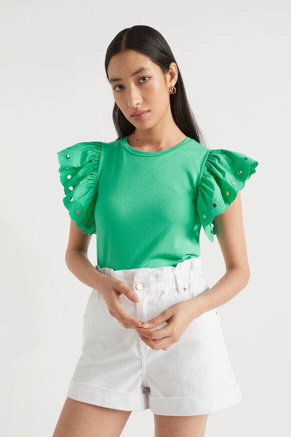 Broderie Detail Sleeve Tee  Jade Green  hi-res
