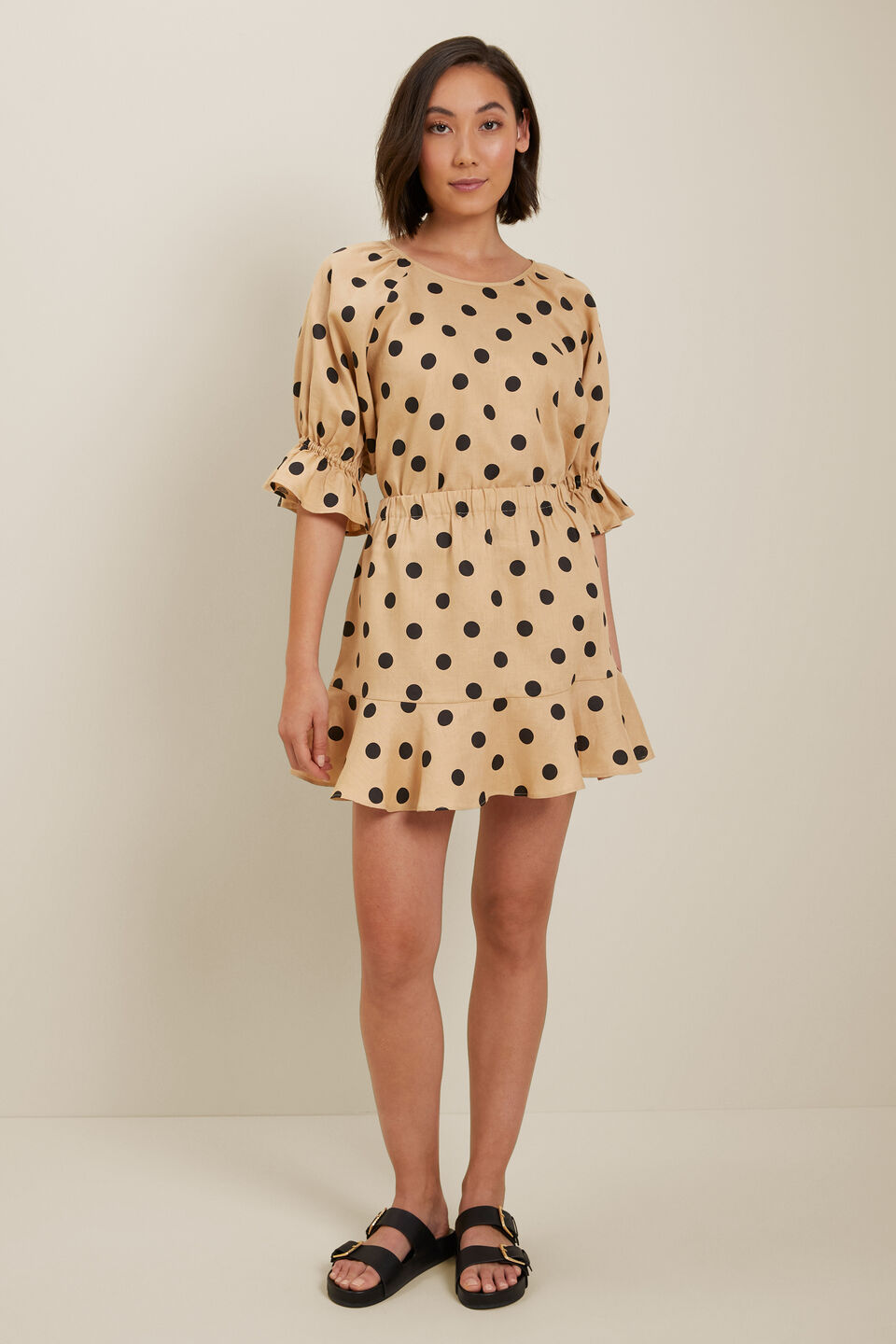 Spot Linen Puff Sleeve Blouse  Neutral Sand Spot