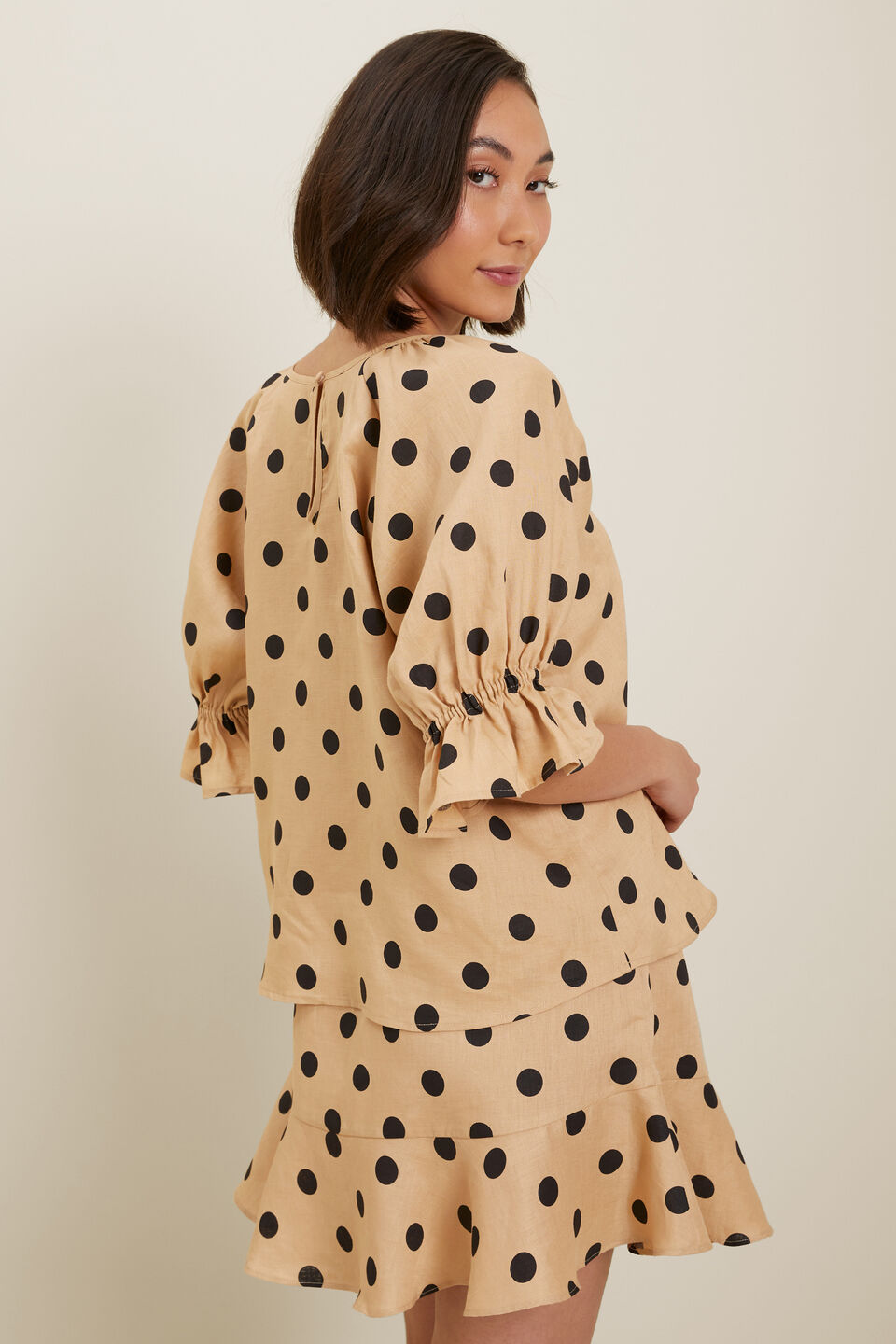Spot Linen Puff Sleeve Blouse  Neutral Sand Spot