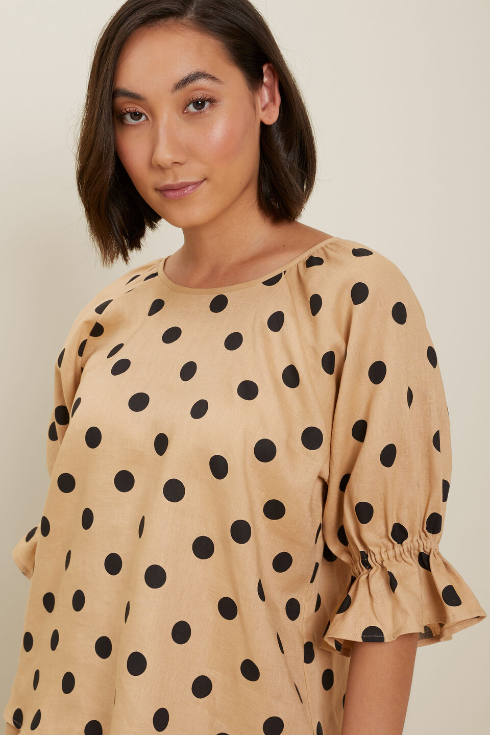 Spot Linen Puff Sleeve Blouse  Neutral Sand Spot
