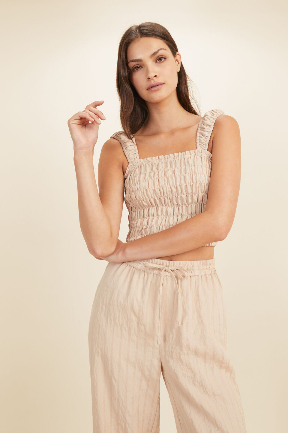 Stripe Ruched Bodice Top  Champagne Beige Stripe